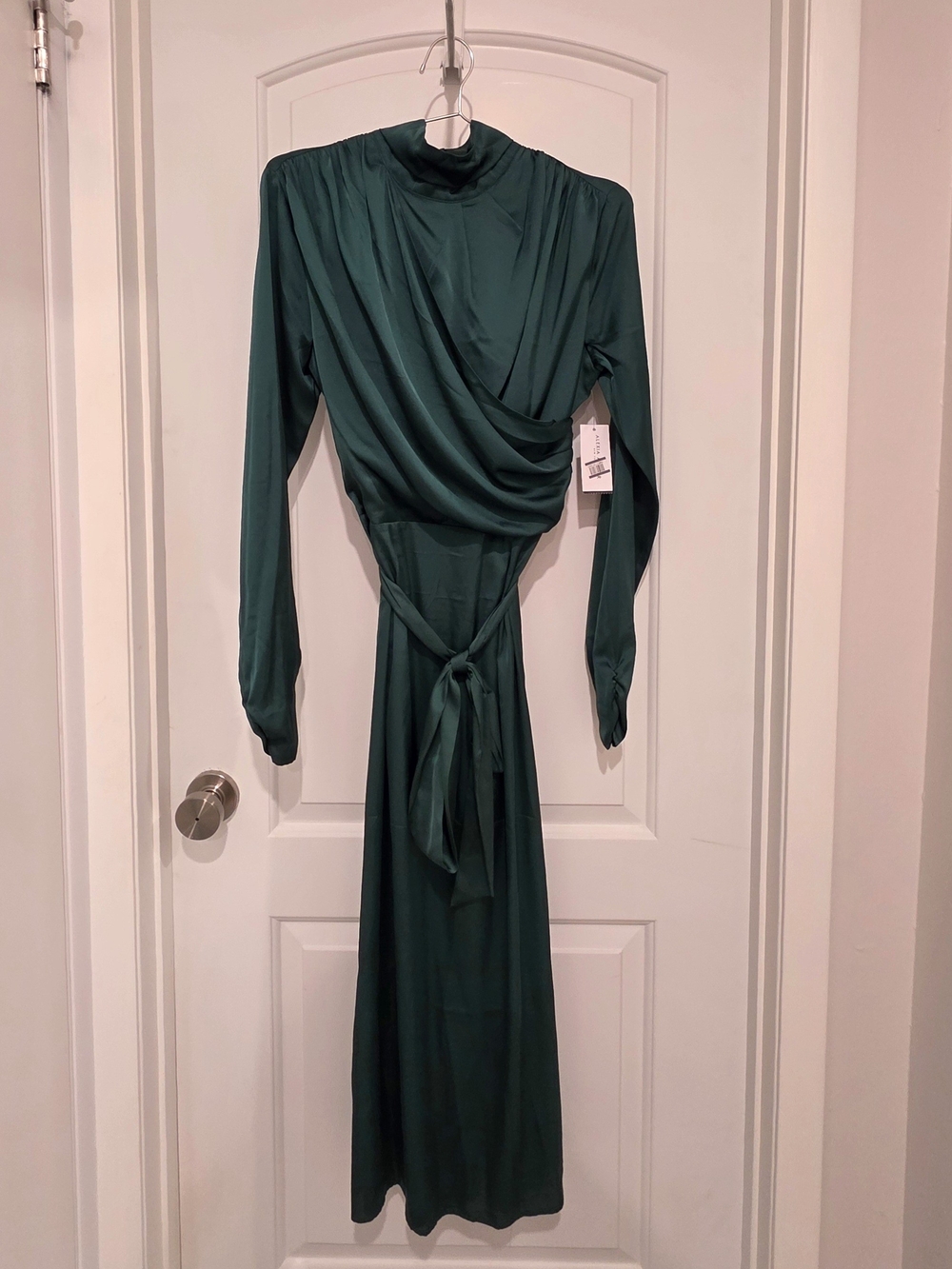 NWT Alexia Admor Emerald Green Mock Neck Draped Satin Midi Dress - Sz 10